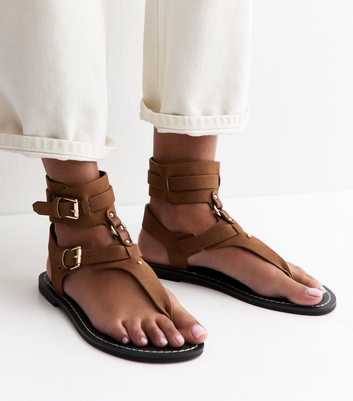 Tan Faux Leather Detachable Cuff Flat Sandals