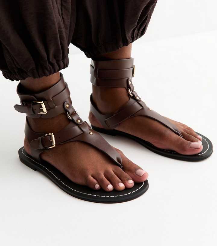 Brown Faux Leather Detachable Cuff Flat Sandals