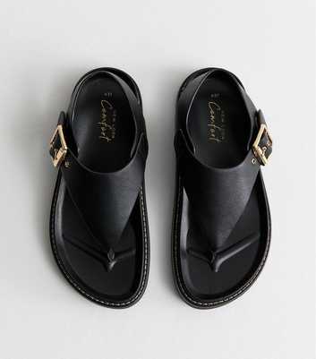 Black Faux Leather Toe Post Chunky Flat Sandals