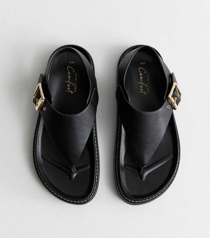 Black Faux Leather Toe Post Chunky Flat Sandals