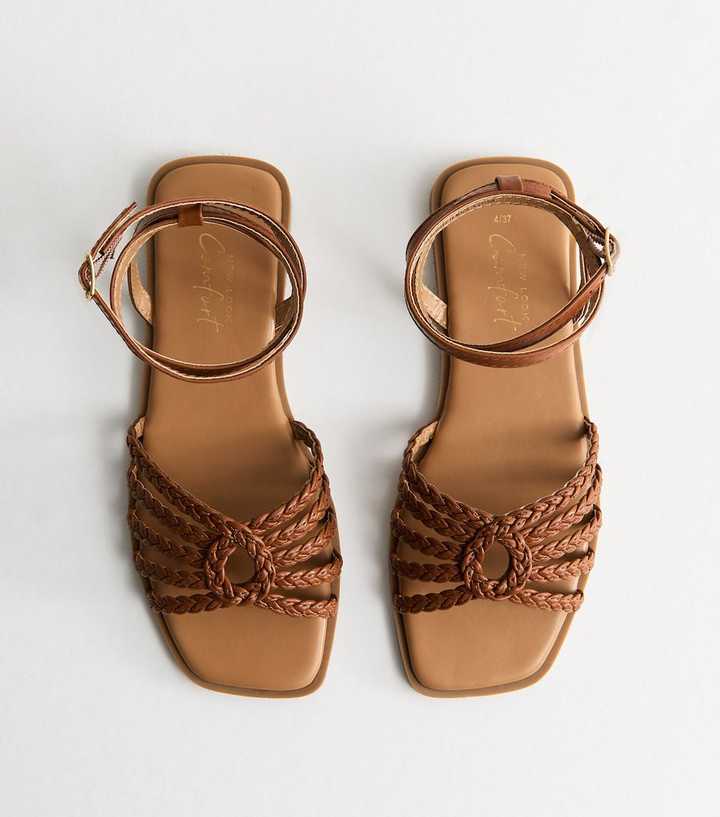 Tan Plaited Strap Flat Sandals
