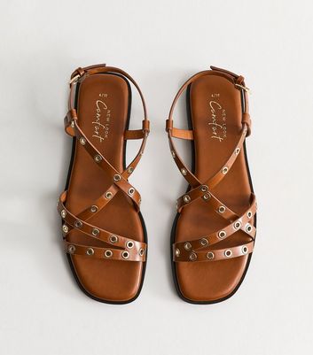 Tan Faux Leather Eyelet Embellished Multi Strap Flat Sandals
