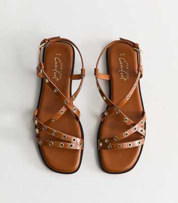 Tan Faux Leather Eyelet Embellished Multi Strap Flat Sandals