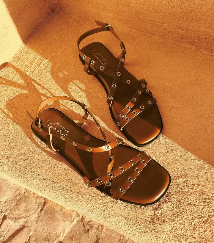 Tan Faux Leather Eyelet Embellished Multi Strap Flat Sandals
