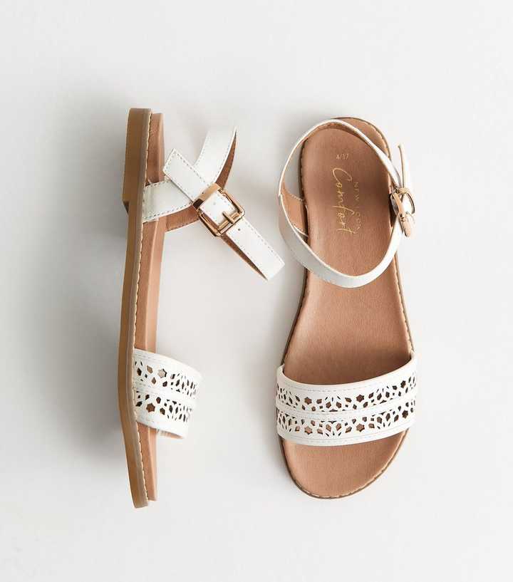 White Faux Leather Cut Out Strap Flat Sandals