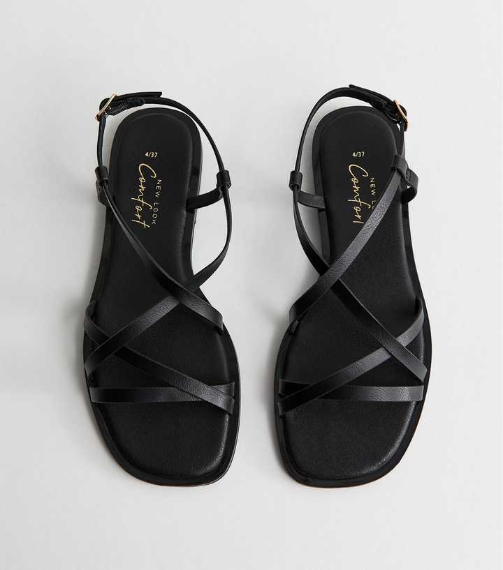 Black Faux Leather Strappy Square Toe Flat Sandals