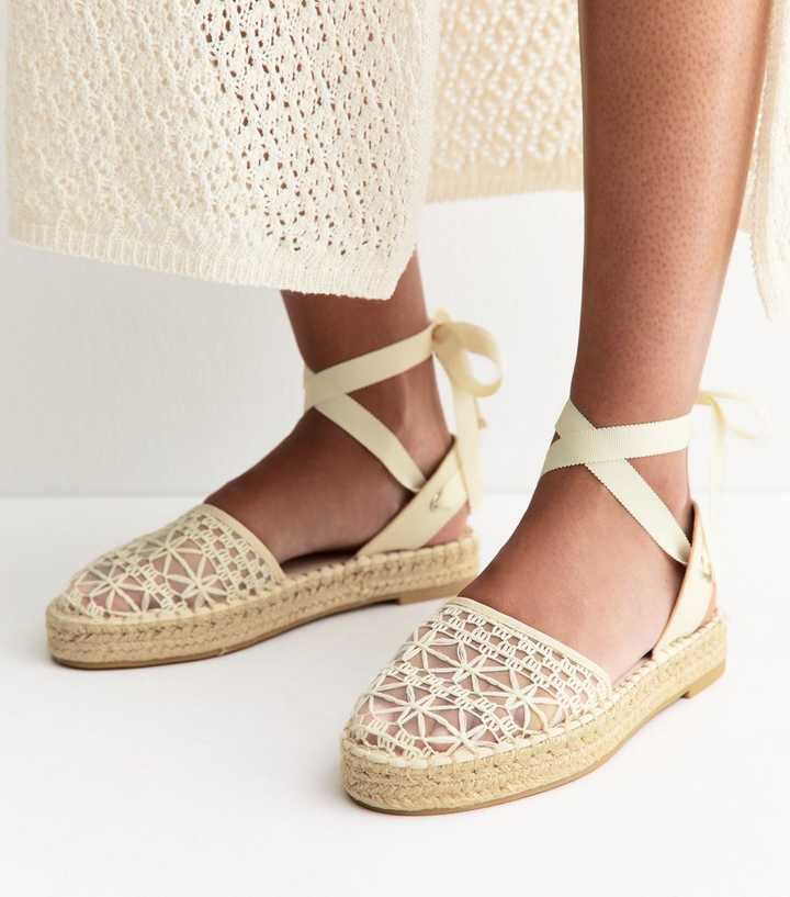 Off White Lace Toe Tie Ankle Espadrilles