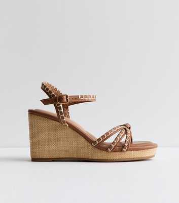 Tan Faux Leather Whipstitch Trim Wedge Sandals