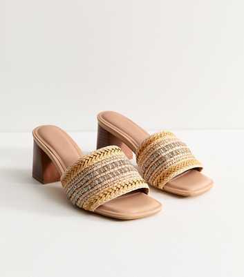 Off White Embellished Raffia Strap Block Heel Mules