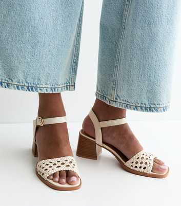 White Faux Leather Woven Strap Block Heel Sandals