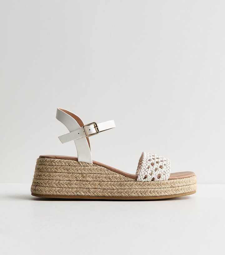 White Faux Leather Woven Strap Flatform Sandals