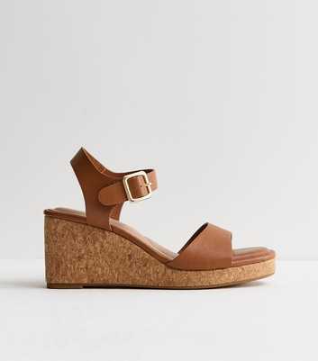 Brown Faux Leather Cork Wedge Sandals