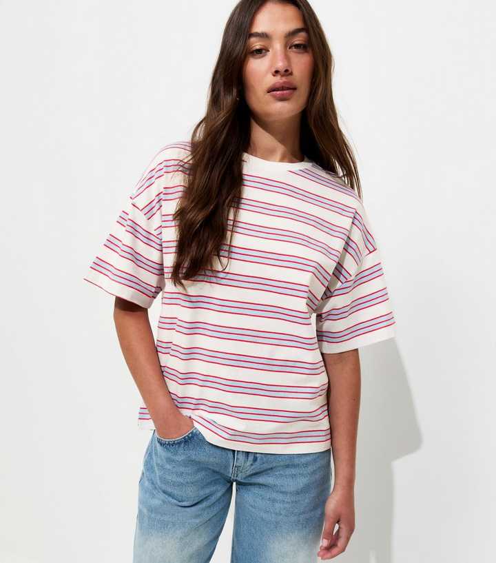 White Cotton Striped Oversized Boxy T-Shirt