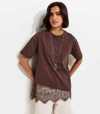 Dark Brown Cotton Scalloped Lace T-Shirt