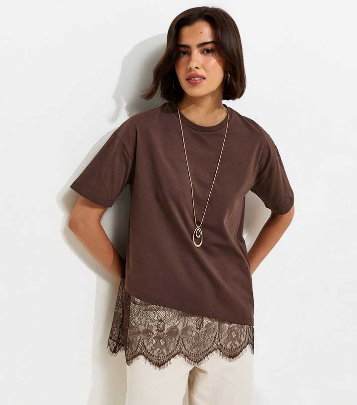 Dark Brown Cotton Scalloped Lace T-Shirt