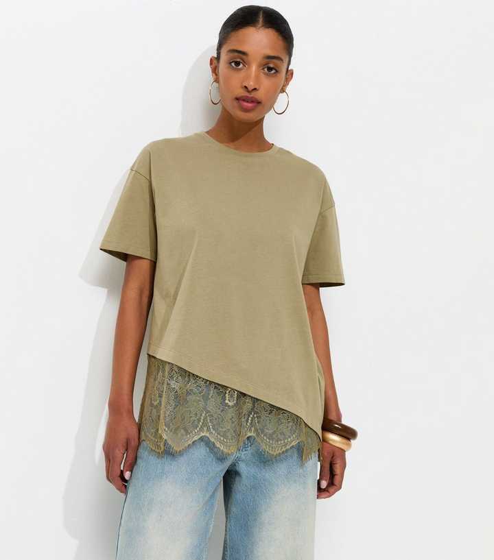 Light Khaki Cotton Scalloped Lace T-Shirt