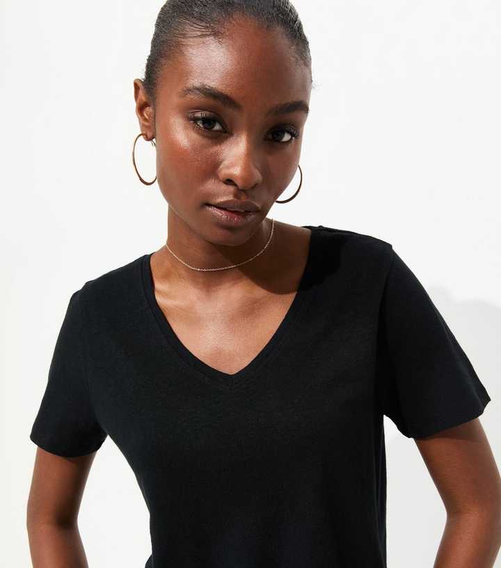 Premium Black Linen Rich V Neck T-Shirt