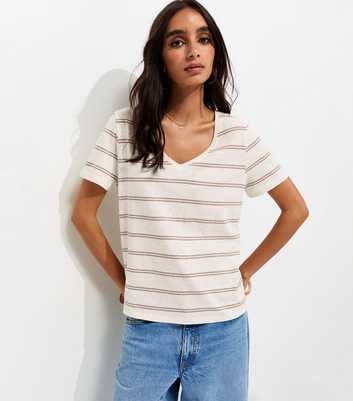 Premium Cream Linen Rich Striped V Neck T-Shirt