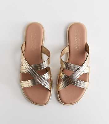 Wide Fit Gold Faux Leather Scalloped Flat Mules