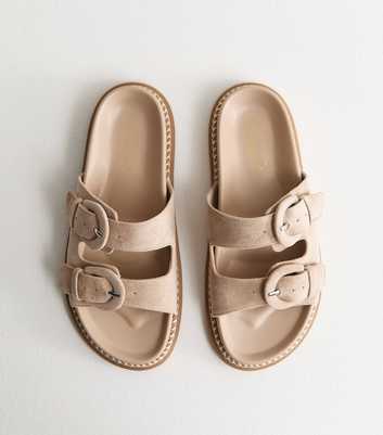 Light Brown Faux Suede Double Buckled Strap Sandals