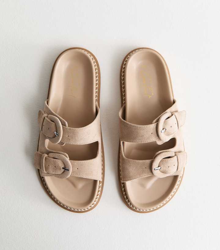 Light Brown Faux Suede Double Buckled Strap Sandals