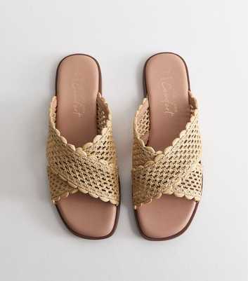 Wide Fit Off White Woven Raffia Look Flat Mules