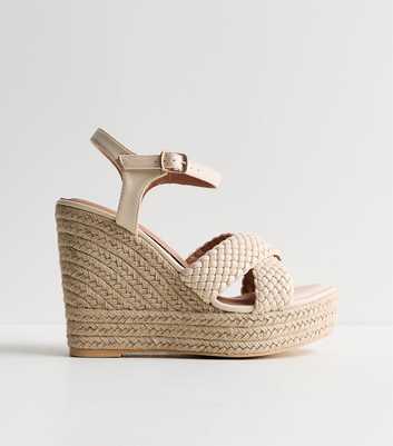 Wide Fit Off White Faux Leather Braided Wedge Sandals