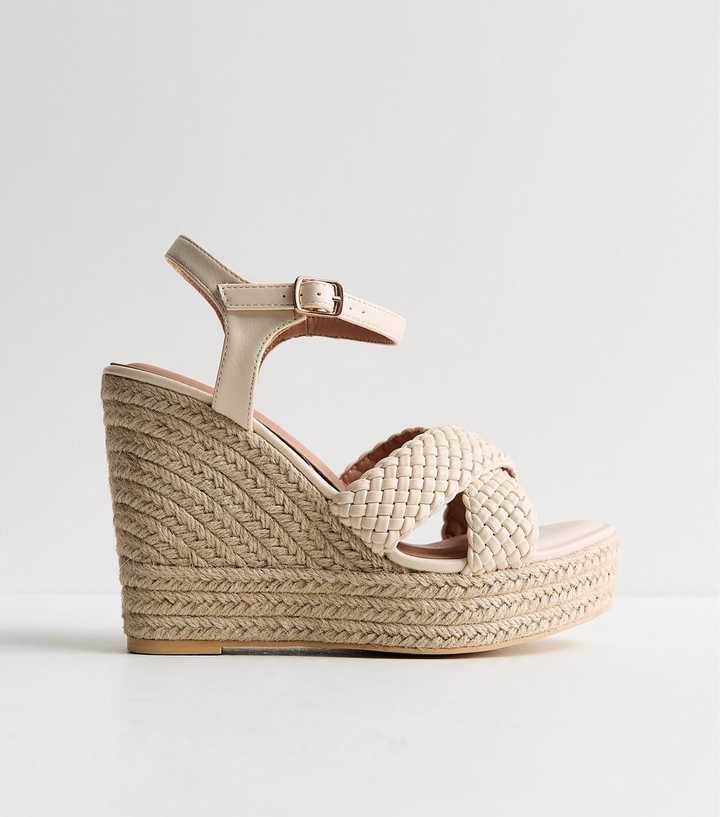 Wide Fit Off White Faux Leather Braided Wedge Sandals