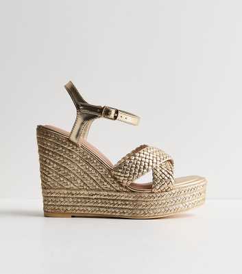 Wide Fit Gold Faux Leather Braided Wedge Sandals