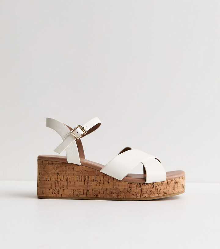 Wide Fit White Faux Leather Cork Platform Sandals