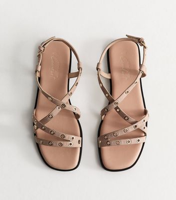 Light Brown Faux Suede Eyelet Embellished Multi Strap Flat Sandals