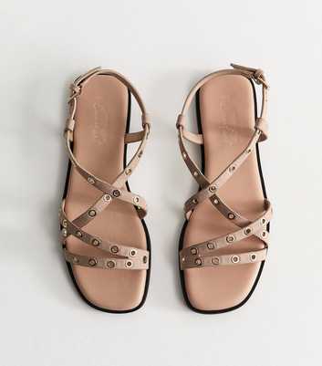 Light Brown Faux Suede Eyelet Embellished Multi Strap Flat Sandals