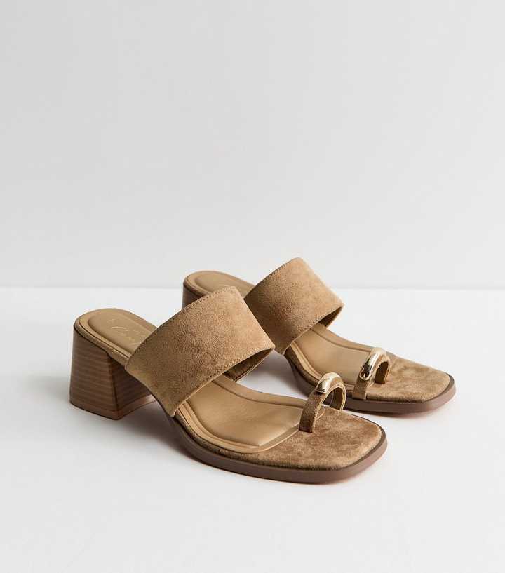 Light Brown Faux Suede Metal Toe Loop Block Heel Mules