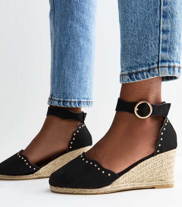 Wide Fit Black Faux Suede Studded Scallop Trim Espadrille Wedges