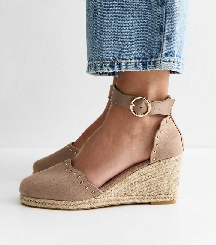 Wide Fit Light Brown Faux Suede Studded Scallop Trim Espadrille Wedges