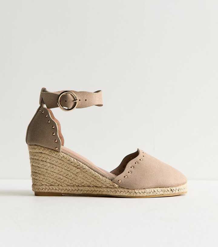Wide Fit Light Brown Faux Suede Studded Scallop Trim Espadrille Wedges