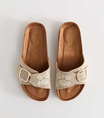 Wide Fit Cream Floral Embroidered Raffia Mules