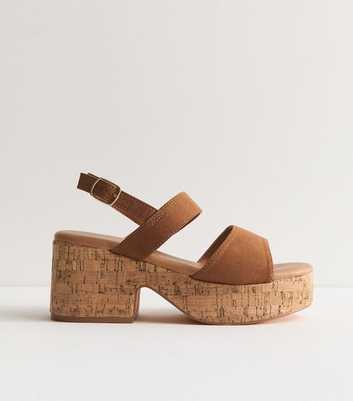 Wide Fit Tan Faux Suede Cork Platform Sandals