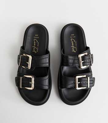 Wide Fit Black Faux Leather Double Strap Flat Mules