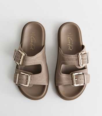 Wide Fit Light Brown Faux Leather Double Strap Flat Mules