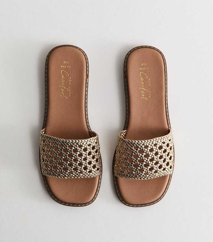 Wide Fit Gold Faux Leather Woven Strap Mule Sandals