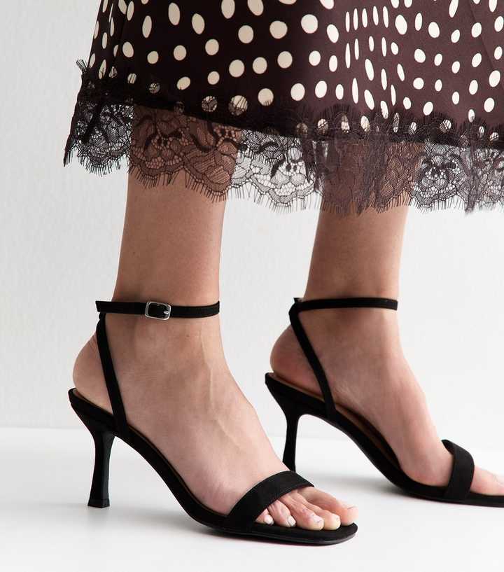 Wide Fit Black Faux Suede Front Strap Stiletto Sandals
