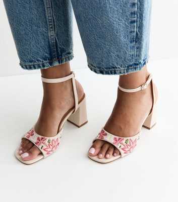 Off White Beaded Floral Block Heel Sandals