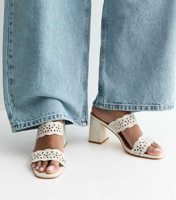 Off White Woven Scallop Edge Floral Cut Out Strap Sandals