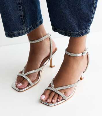 Wide Fit Silver Faux Leather Metallic Diamanté Strap Sandals