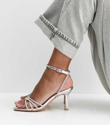 Silver Faux Leather Diamante Strap Stiletto Sandals