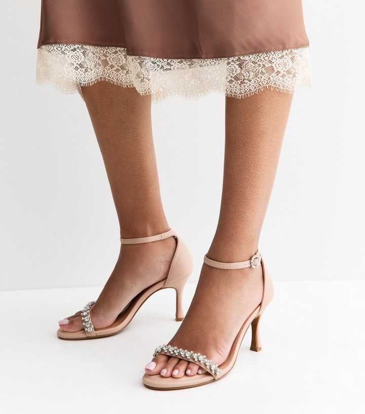 Oatmeal Faux Leather Diamanté Stiletto Sandals