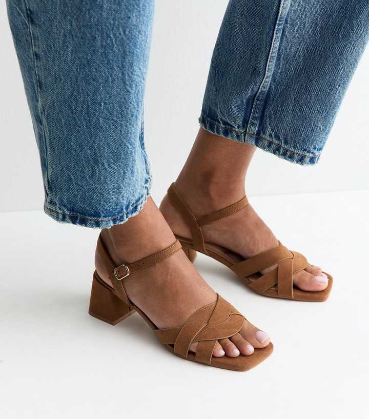 Tan Faux Suede Woven Strap Sandals