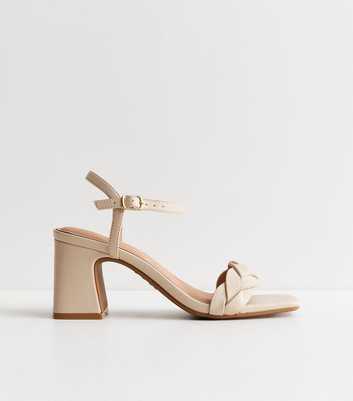Off White Faux Leather Braided Block Heel Sandals