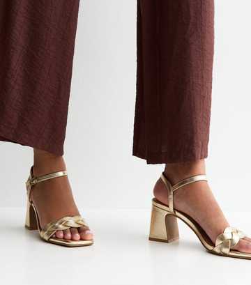 Gold Faux Leather Braided Block Heel Sandals